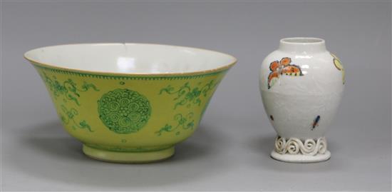 A Chinese yellow ground bowl, Qianlong mark and a Qianlong bianco sopra bianco insect tea caddy Height of vase 10cm
